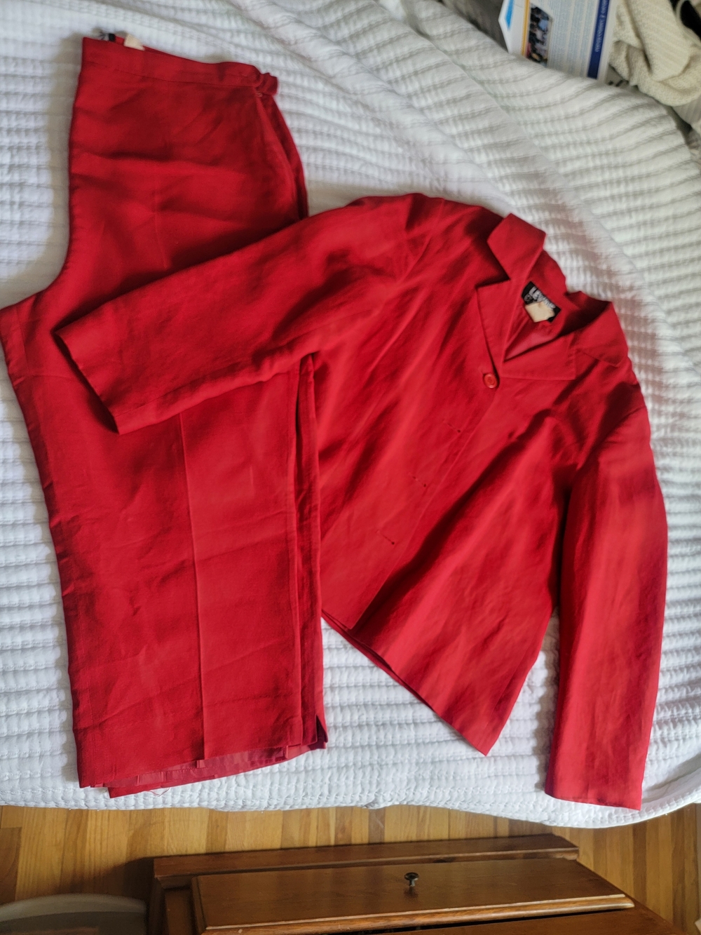 Red Linen Petite Classic Red Women's Pantsuit Jacket and Trousers